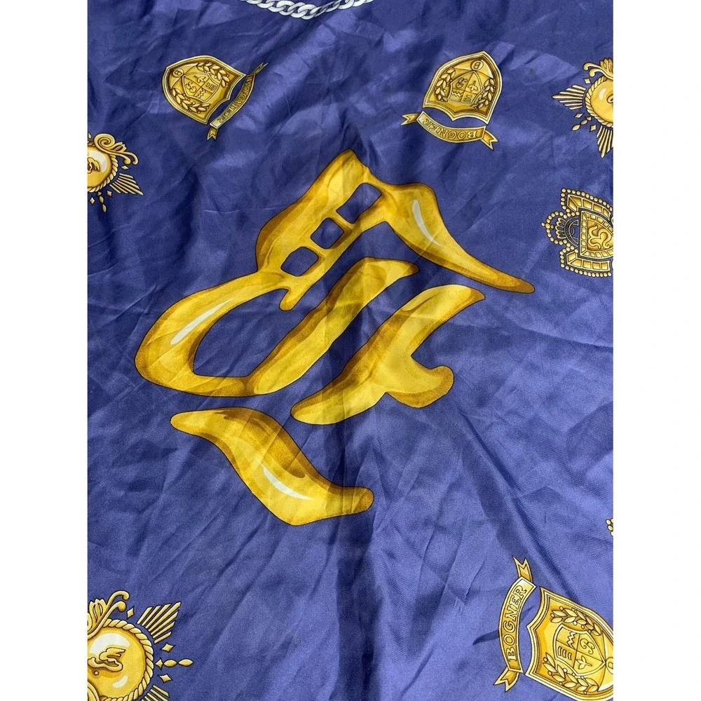 Bogner Vintage Silk Square Scarf Blue Burgundy Gold Chain Crest Made in Italy